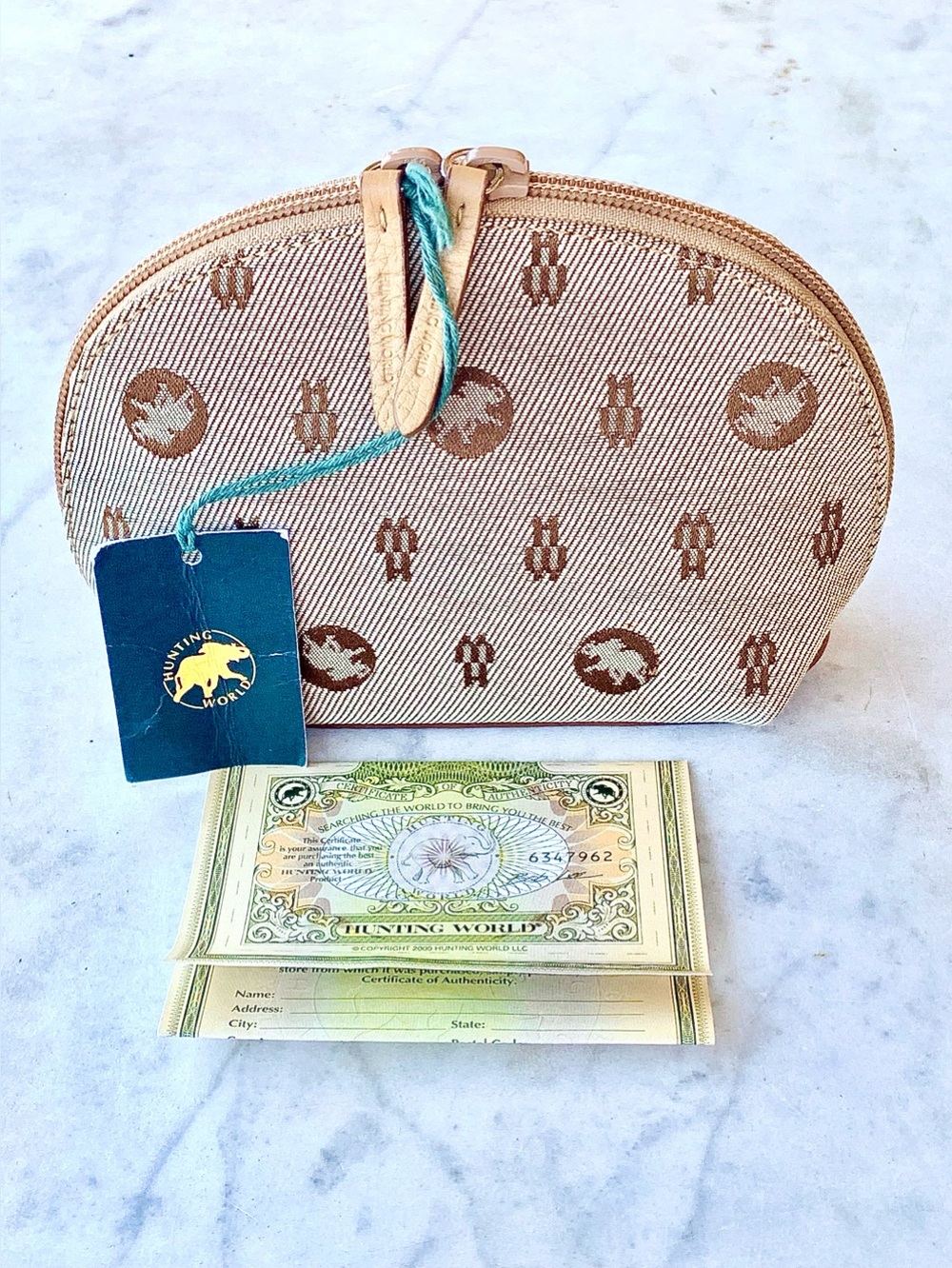 HUNTING WORLD NEW YORK ELEPHANT Beige Monogram Cosmetic Pouch NEW OLD STOCK